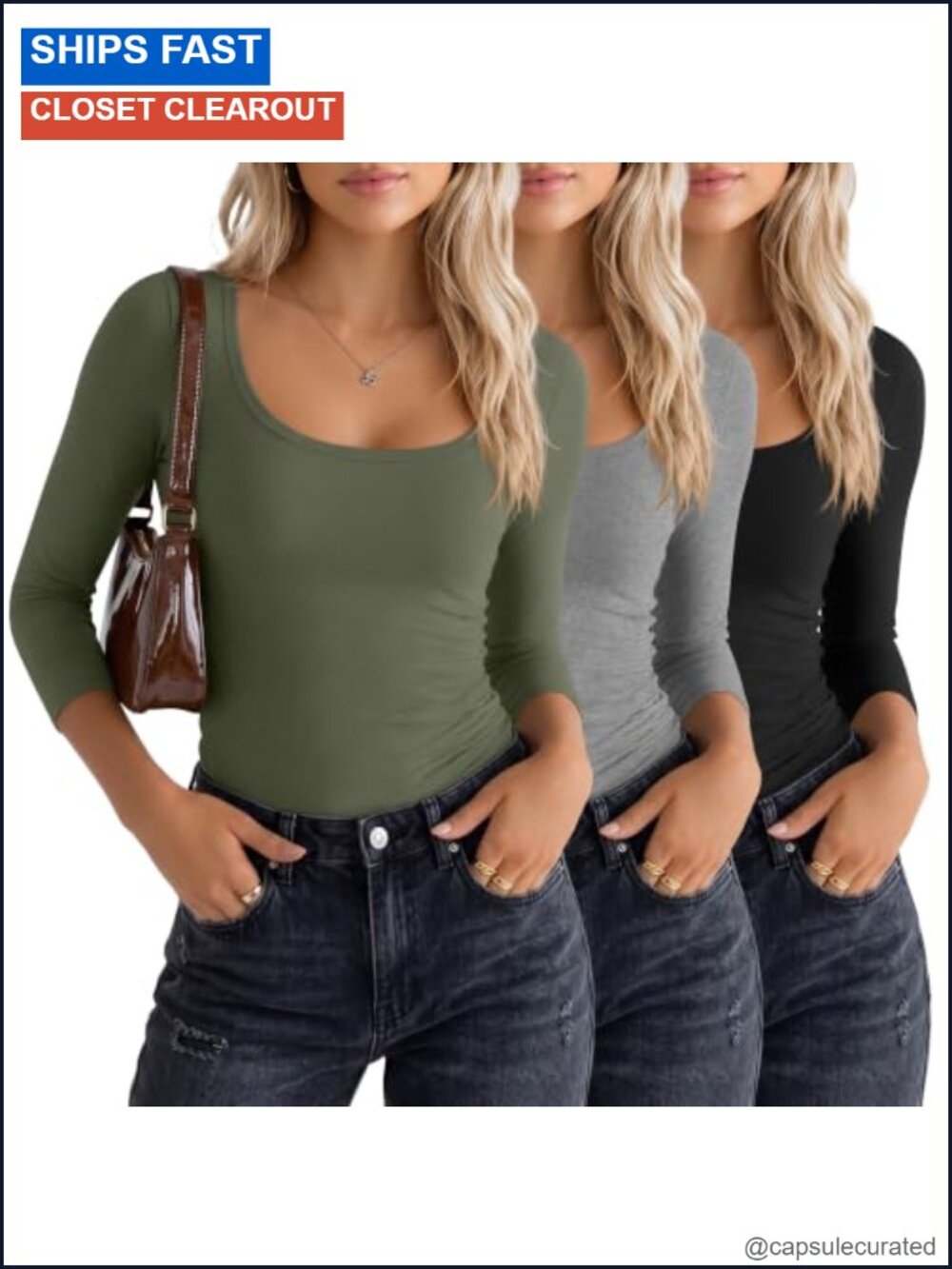 Women's 3/4 Length Sleeve Scoop Neck Tee Shirts Cotton Blend 3 Pack